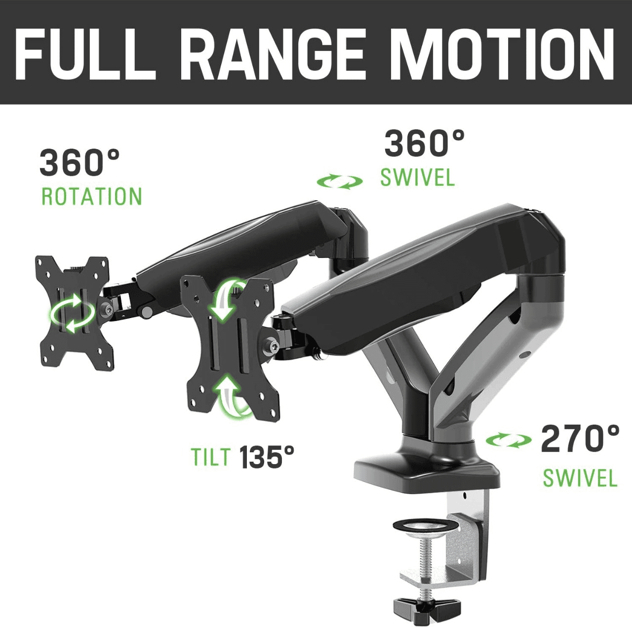 Dual Monitor Stand Gas spring upto 27" Monitor (Flange/Clamp Mount) - DualMonitorGasSpringTableStandPneumaticfullrange in Mumbai by Woodware