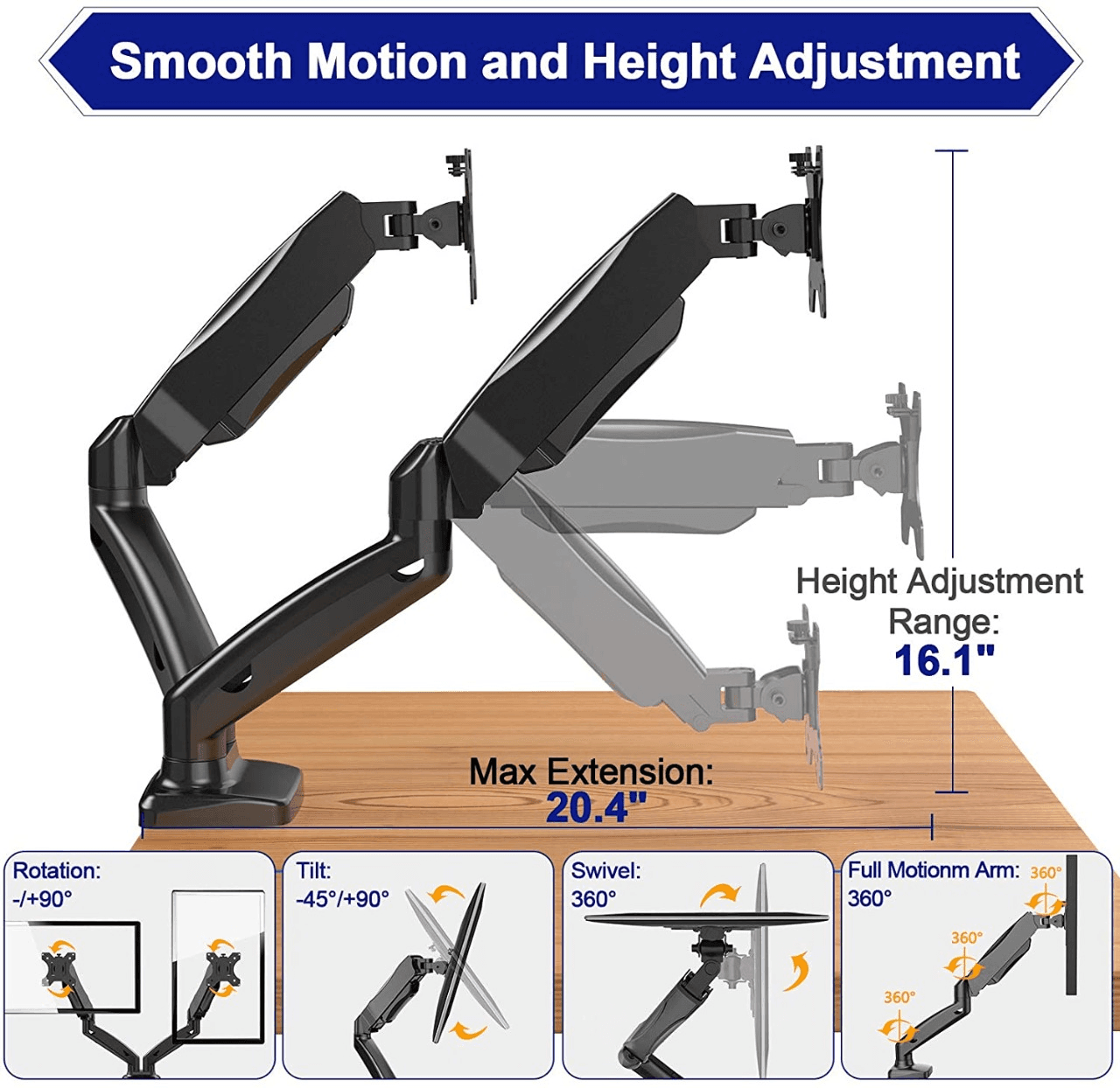 Dual Monitor Stand Gas spring upto 27" Monitor (Flange/Clamp Mount) - DualMonitorGasSpringTableStandPneumaticrange in Mumbai by Woodware