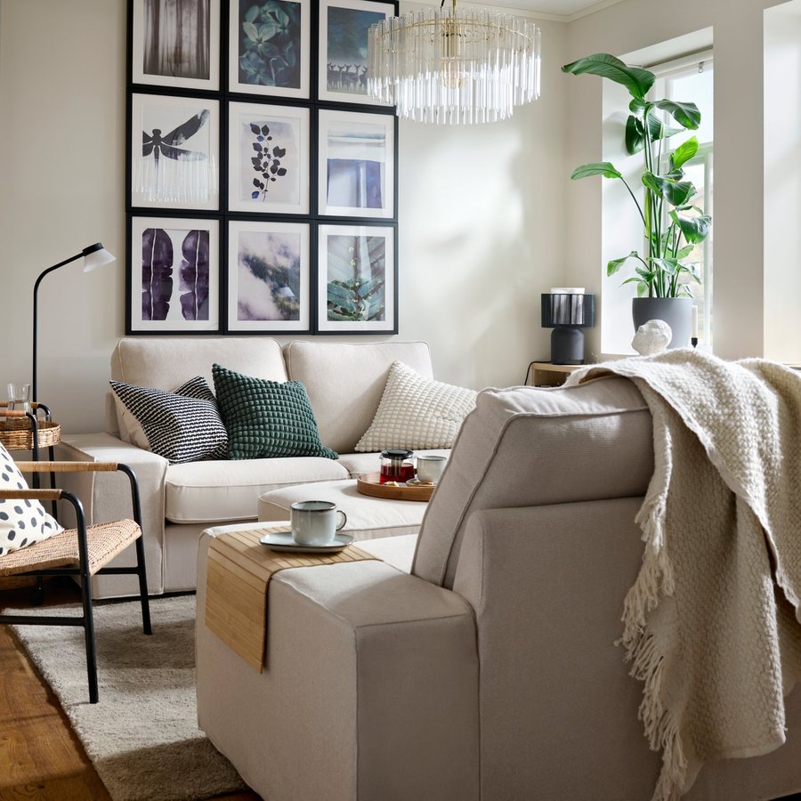 A living room with a pale sofa, a gallery wall of framed prints and a tall plant by the window
